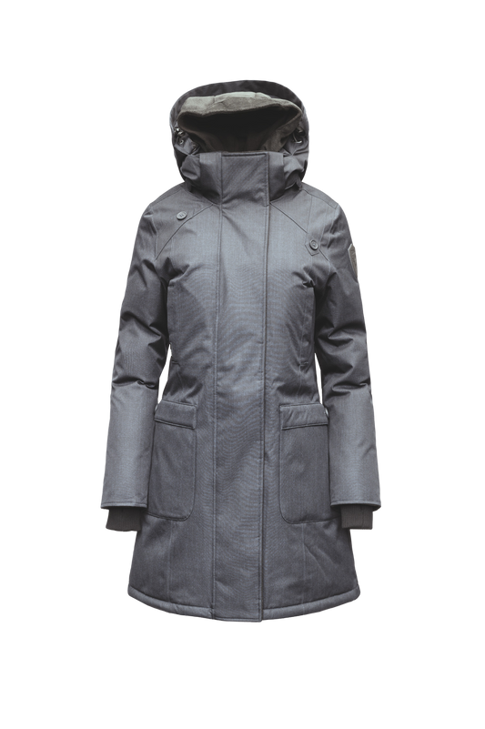 Merideth Furless Ladies Parka in thigh length, Canadian white duck down insulation, removable down-filled hood, centre-front two-way zipper with magnetic wind flap closure, four exterior pockets, and elastic ribbed cuffs, in Steel Grey + Steel Grey