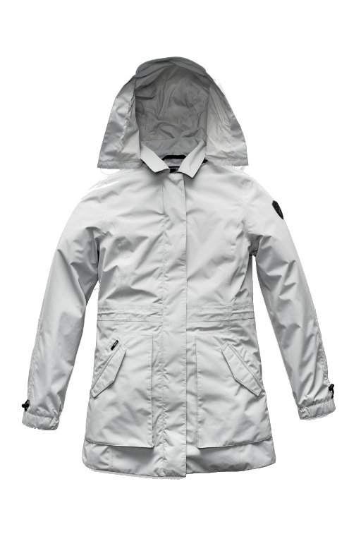 Women's thigh length raincoat with collar and non-removable hood in Light Grey + Light Grey