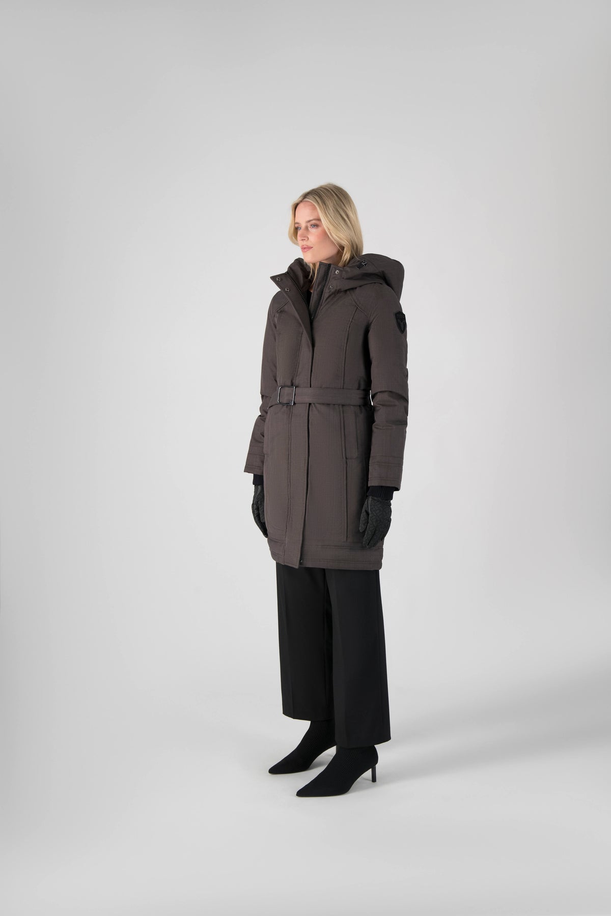 Women's Thigh length own parka with a furless oversized hood in Steel Grey