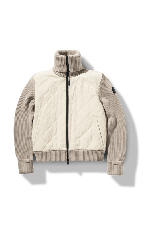 Ada Ladies Quilted Full Zip Sweater in hip length, PrimaLoft Gold Insulation Active+, Durable 4-Way Stretch Weave quilted torso, Merino wool knit collar, sleeves, back, and cuffs, two-way front zipper, and hidden waist pockets, in Wheat + Wheat