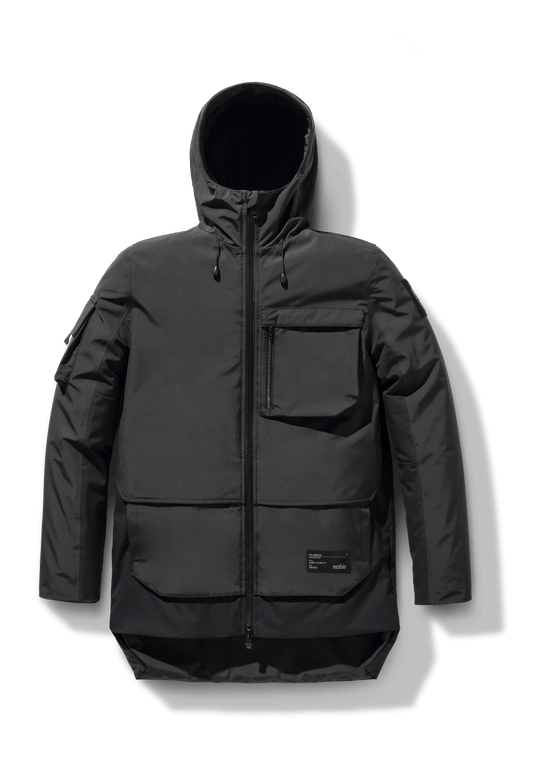 Alta Men's Performance Shell Jacket in hip length, Primaloft Gold Insulation Active+, chest and waist pockets, ventilation under arms, reflective detailing on hood and back, two-way front zipper, and non-removable hood with adjustable drawstrings, in Black + Black