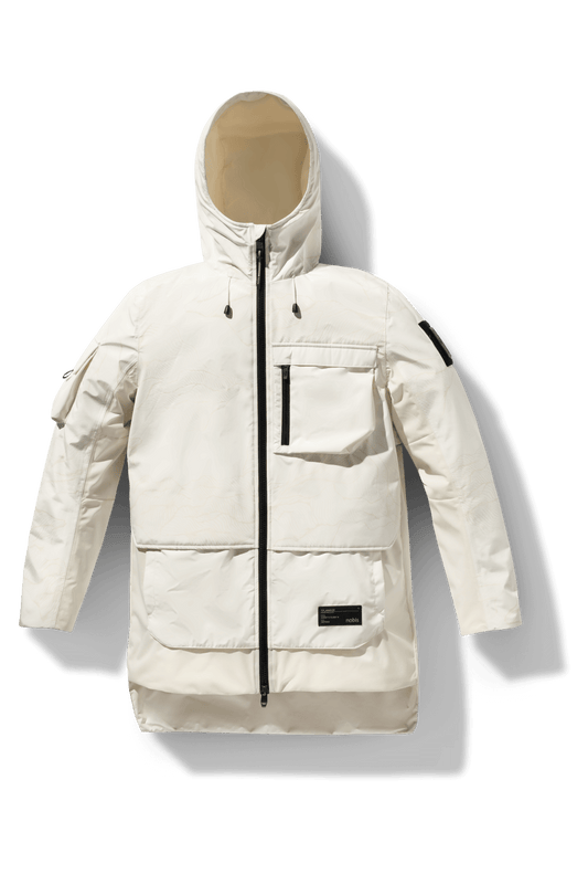 Alta Men's Performance Shell Jacket in hip length, Primaloft Gold Insulation Active+, chest and waist pockets, ventilation under arms, reflective detailing on hood and back, two-way front zipper, and non-removable hood with adjustable drawstrings, in Wheat Desert + Wheat Desert