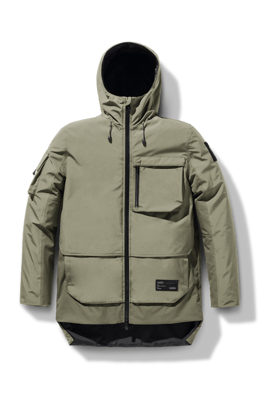 Alta Men's Performance Shell Jacket in hip length, Primaloft Gold Insulation Active+, chest and waist pockets, ventilation under arms, reflective detailing on hood and back, two-way front zipper, and non-removable hood with adjustable drawstrings, in Clover + Clover