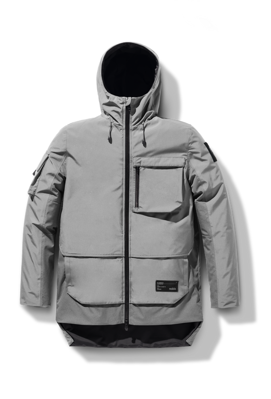 Alta Men's Performance Shell Jacket in hip length, Primaloft Gold Insulation Active+, chest and waist pockets, ventilation under arms, reflective detailing on hood and back, two-way front zipper, and non-removable hood with adjustable drawstrings, in Concrete + Concrete
