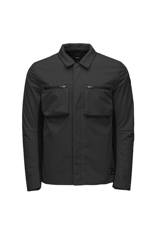 Ander Men's Mid Layer Shirt in hip length, PrimaLoft Gold Insulation Active+, 3-Ply Micro Denier front and 4-Way Durable Stretch Weave back, zipper chest pockets, snap button wind flap, and snap button cuffs, in Black + Black