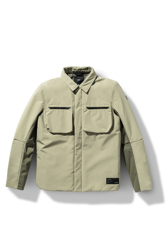 Ander Men's Mid Layer Shirt in hip length, PrimaLoft Gold Insulation Active+, 3-Ply Micro Denier front and 4-Way Durable Stretch Weave back, zipper chest pockets, snap button wind flap, and snap button cuffs, in Tea/Clover + Tea/Clover
