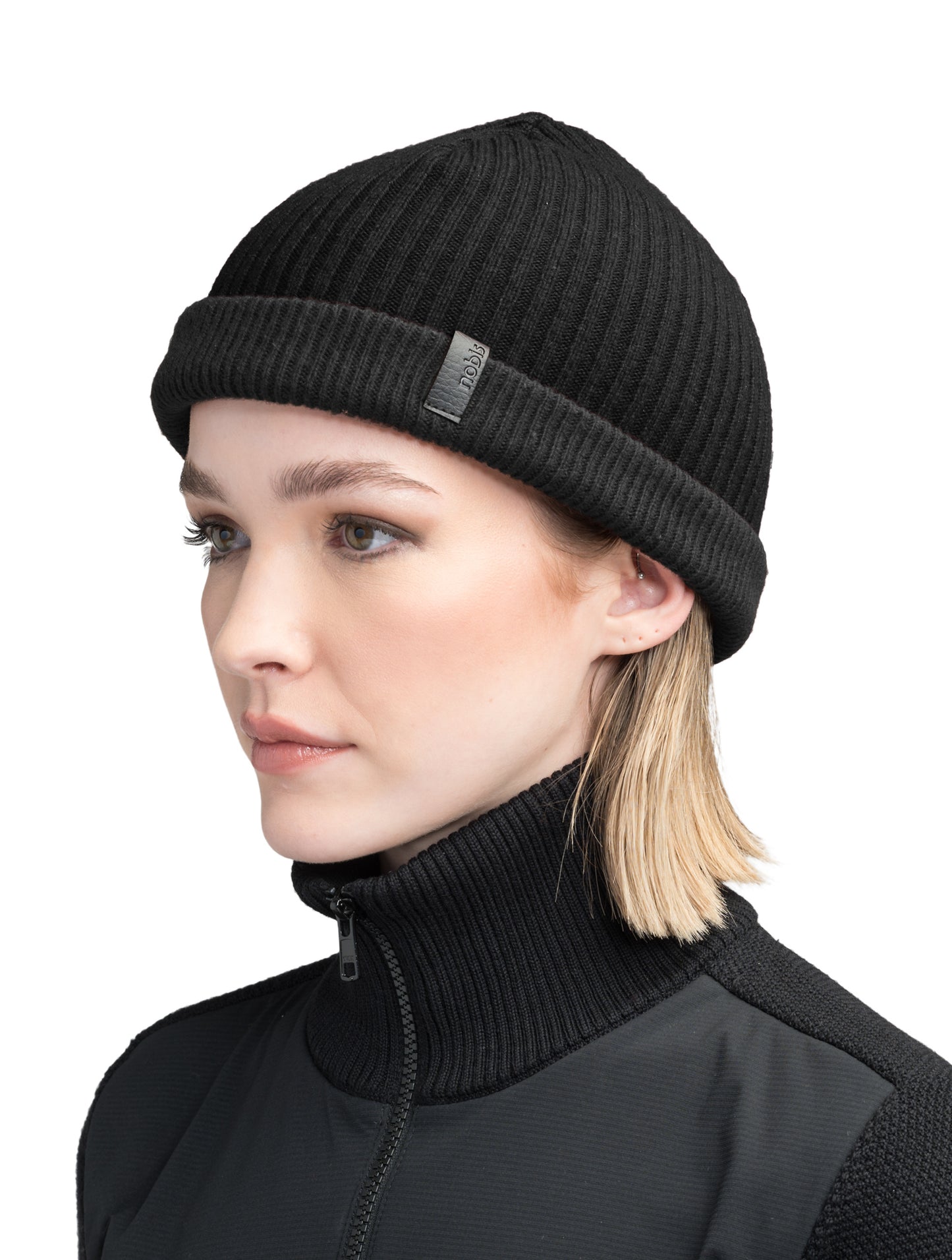 Ardn Unisex Tailored Reversible Knit Beanie in an extra fine merino wool blend, fitted rib knit, and reversible design, in Black