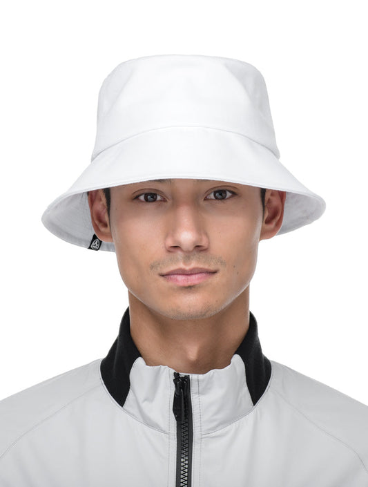 Unisex wide brim bucket hat with stitching detail on brim in Optic White + Optic White