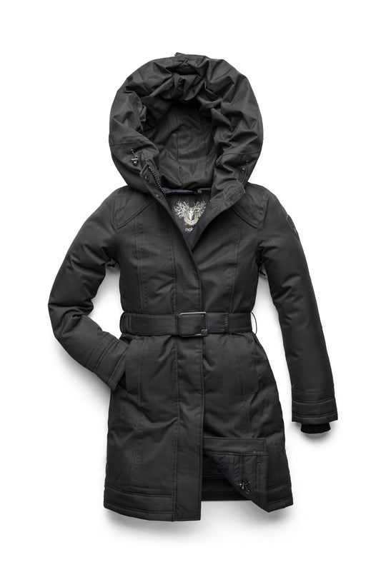 Women's Thigh length own parka with a furless oversized hood in CH Black + CH Black