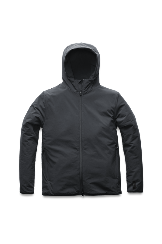 Men's hip length mid layer jacket with non-removable hood and two-way zipper in Black + Black