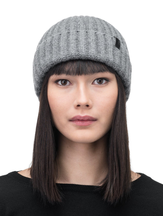 Dew Unisex Cable Knit Beanie in superfine merino wool and cashmere, and nobis leather label at cuff, in Storm + Storm