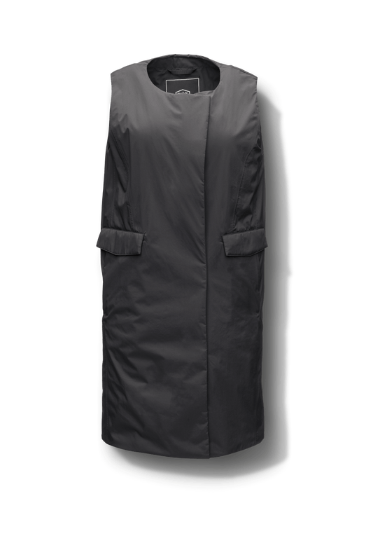 Brexton Women's Tailored Long Mid Layer Vest in knee length, centre front wind flap, flap closure waist pocket with additional side entry storage, single vent on back bottom hem, in Black + Black
