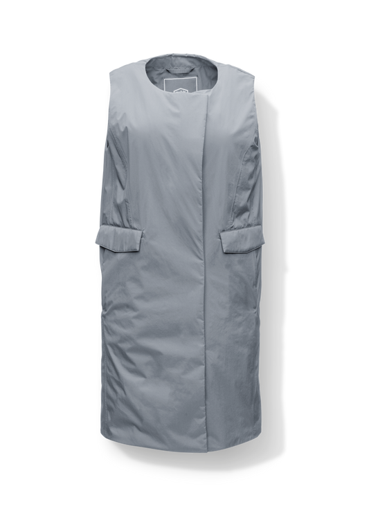 Brexton Women's Tailored Long Mid Layer Vest in knee length, centre front wind flap, flap closure waist pocket with additional side entry storage, single vent on back bottom hem, in Concrete + Concrete