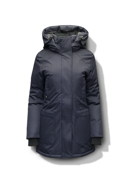 Carla Furless Ladies Parka in thigh length with Canadian Premium White Duck Down insulation, non-removable hood, centre-front zipper with magnetic closure wind flap, and four exterior pockets, in Navy + Navy