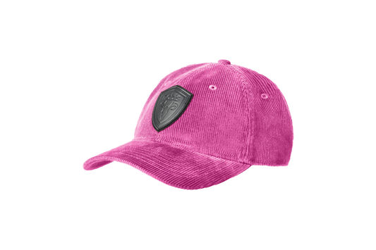 Carter Unisex Tailored Ball Cap in 100% cotton corduroy, unstructured crown, curved brim, and leather strap back with metal buckle closure, in Potent Purple + Potent Purple