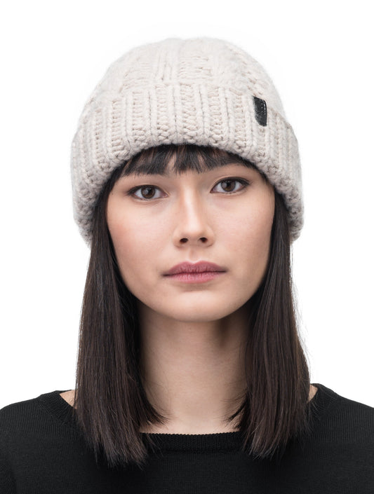 Dew Unisex Cable Knit Beanie in superfine merino wool and cashmere, and nobis leather label at cuff, in Khaki + Khaki