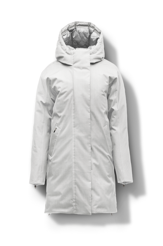 Dory Women's Tailored Back Zip Parka in knee length, premium Crosshatch fabrication, Premium Canadian White Duck Down insulation, non-removable down-filled hood, removable interior hood, centre front two-way zipper with wind flap, vertical zipper detailing along back, in Light Grey + Light Grey