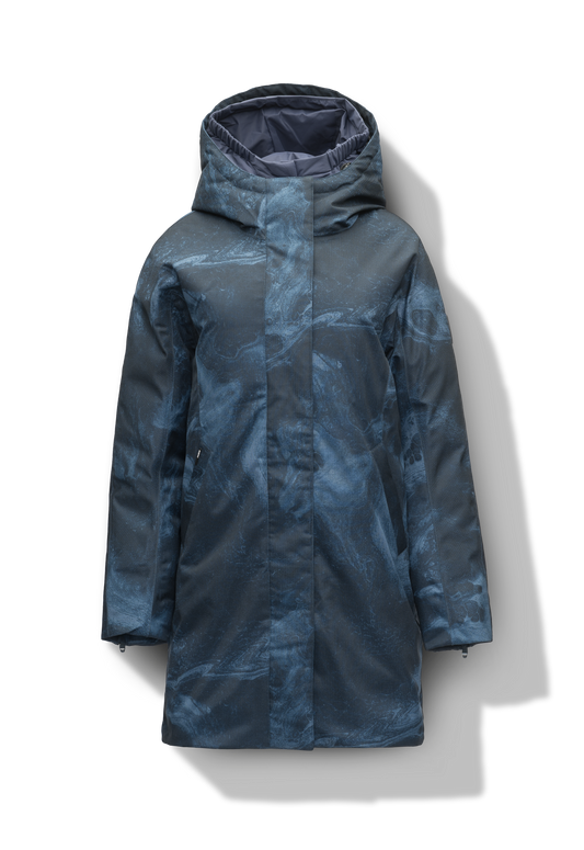 Dory Women's Tailored Back Zip Parka in knee length, premium Crosshatch fabrication, Premium Canadian White Duck Down insulation, non-removable down-filled hood, removable interior hood, centre front two-way zipper with wind flap, vertical zipper detailing along back, in Navy + Navy