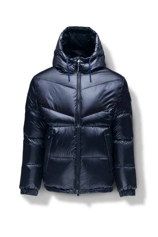 Dyna Men's Chevron Quilted Puffer Jacket in hip length, premium cire technical nylon taffeta fabrication, Premium Canadian origin White Duck Down insulation, non-removable down-filled hood, two-way centre-front zipper, fleece-lined zipper pockets at waist, pit zipper vents, in Navy + Navy