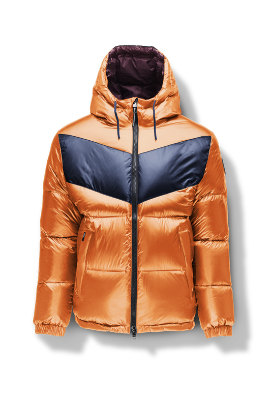 Dyna Men's Chevron Quilted Puffer Jacket in hip length, premium cire technical nylon taffeta fabrication, Premium Canadian origin White Duck Down insulation, non-removable down-filled hood, two-way centre-front zipper, fleece-lined zipper pockets at waist, pit zipper vents, in Burnt Orange + Burnt Orange