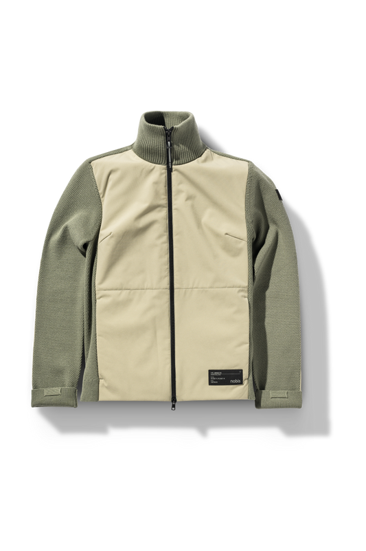 Evo Ladies Performance Full Zip Sweater in hip length, Primaloft Gold Insulation Active+, Merion wool knit collar, sleeves, back, and cuffs, two-way front zipper, and hidden waist pockets, in Tea + Tea