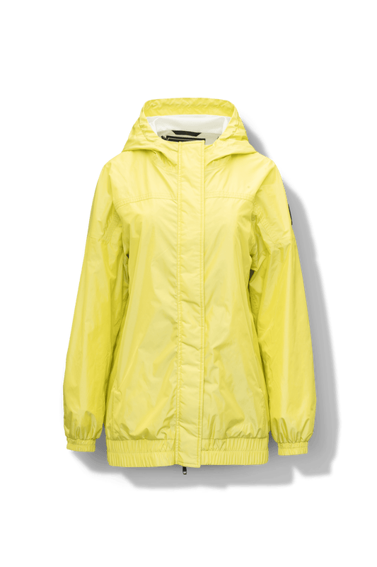 Hartley Women's Tailored Rain Jacket in hip length, two-way centre front zipper with wind flap, toggle adjustable cuffs and waist cord, non-removable hood, side entry waist pockets, in Sulphur Spring + Sulphur Spring