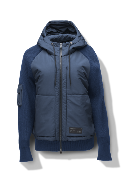 Hedge Men's Performance Hoodie in hip length, premium 3-ply micro denier and 100% virgin extra fine merino wool knit fabrication, Primaloft Gold Insulation Active+, non-removable hood with adjustable drawstrings, two-way centre-front zipper, magnetic closure side-entry pockets at waist, in Marine + Marine