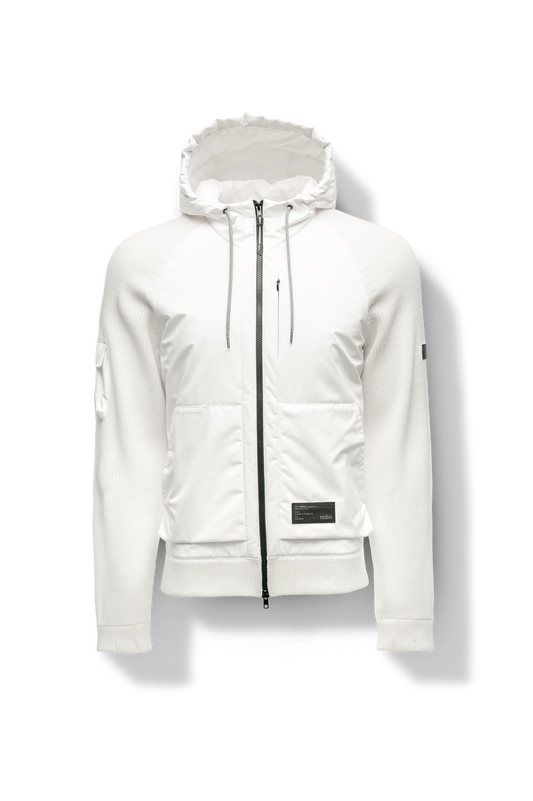 Hedge Men's Performance Hoodie in hip length, premium 3-ply micro denier and 100% virgin extra fine merino wool knit fabrication, Primaloft Gold Insulation Active+, non-removable hood with adjustable drawstrings, two-way centre-front zipper, magnetic closure side-entry pockets at waist, in Chalk + Chalk