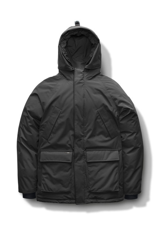 Heritage Furless Men's Parka in hip length, Canadian white duck down insulation, non-removable hood, front zipper with magnetic placket, chest hand warmer pockets, waist flap pockets, and elastic cuffs, in Black + Black