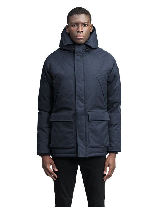 Heritage Furless Men's Parka in hip length, Canadian white duck down insulation, non-removable hood, front zipper with magnetic placket, chest hand warmer pockets, waist flap pockets, and elastic cuffs, in Navy + Navy