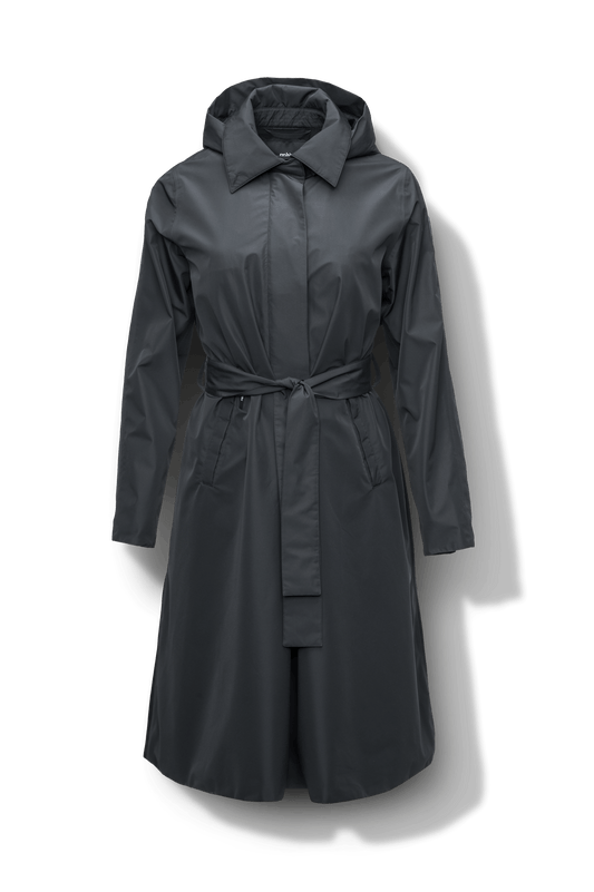 Ivy Ladies Tailored Trench Coat in knee length, 3-Ply Micro Denier fabrication, retractable non-removable hood, front wind flap with snap button closure, removable belt, and adjustable snap cuffs, in Black + Black