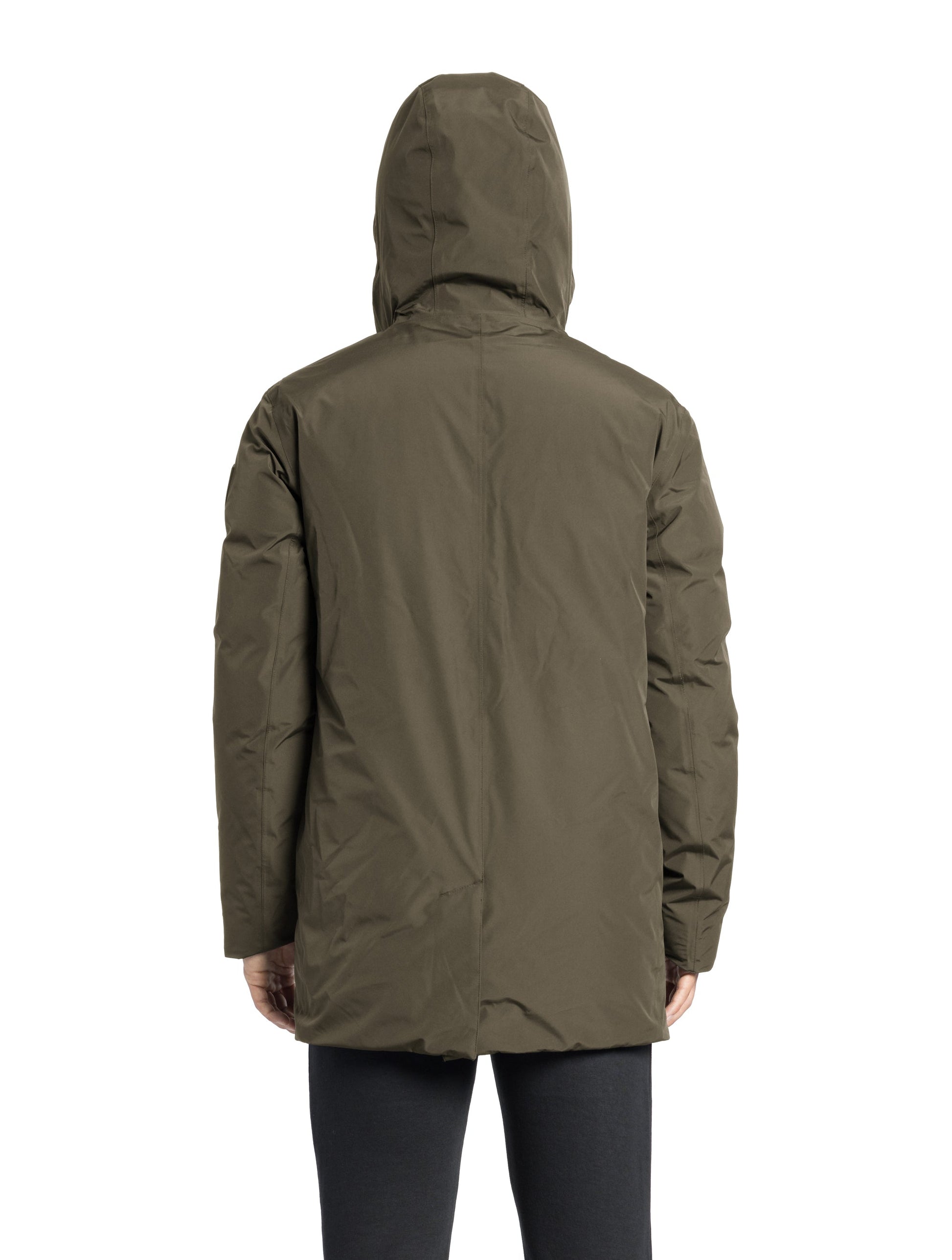 Kason Men's Light Down Parka in thigh length, premium 3-ply micro denier and stretch ripstop fabrication, Premium Canadian origin White Duck Down insulation, non-removable down-filled hood, two-way centre-front zipper, magnetic closure wind flap, fleece-lined pockets at chest and waist, flap pockets at waist, pit zipper vents, in Fatigue