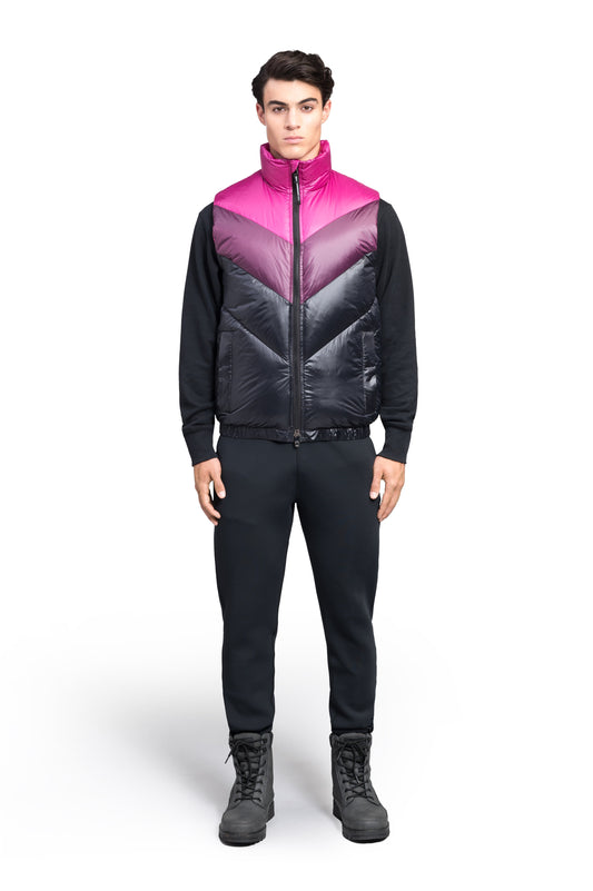 Kylo Men's Chevron Quilted Vest in hip length, premium cire technical nylon taffeta fabrication, Premium Canadian origin White Duck Down insulation, two-way centre-front zipper, fleece-lined pockets at waist, elasticized waistband, in Festival Fushia/Potent Purple + Festival Fushia/Potent Purple