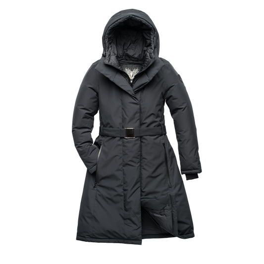 Long calf length hooded women's winter parka with an inner hip length closure, exterior hem length zipper and magentic placket in Black + Black