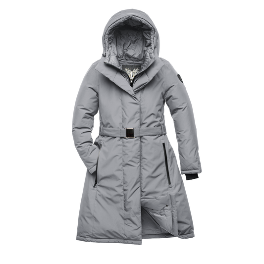 Long calf length hooded women's winter parka with an inner hip length closure, exterior hem length zipper and magentic placket in Concrete + Concrete