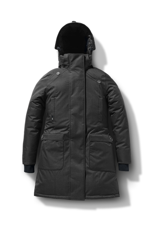 Merideth Furless Ladies Parka in thigh length, Canadian white duck down insulation, removable down-filled hood, centre-front two-way zipper with magnetic wind flap closure, four exterior pockets, and elastic ribbed cuffs, in Black + Black