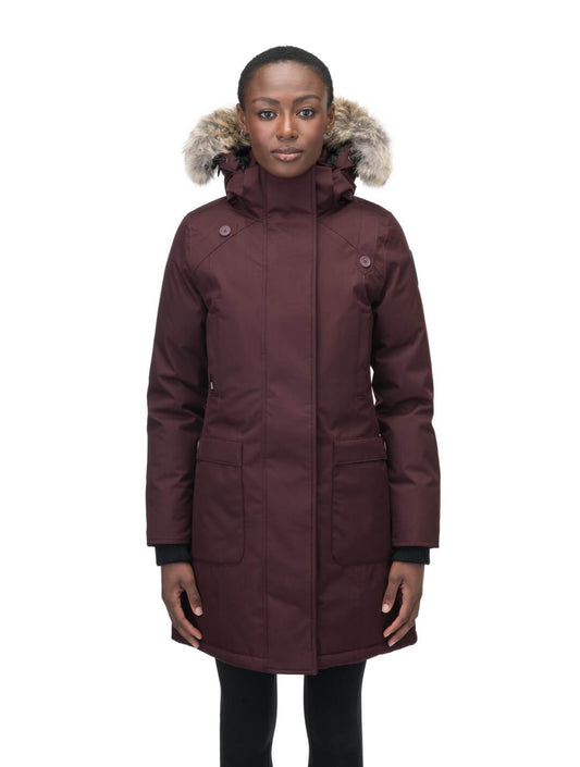 Best selling women's down filled knee length parka with removable down filled hood in Merlot + Merlot