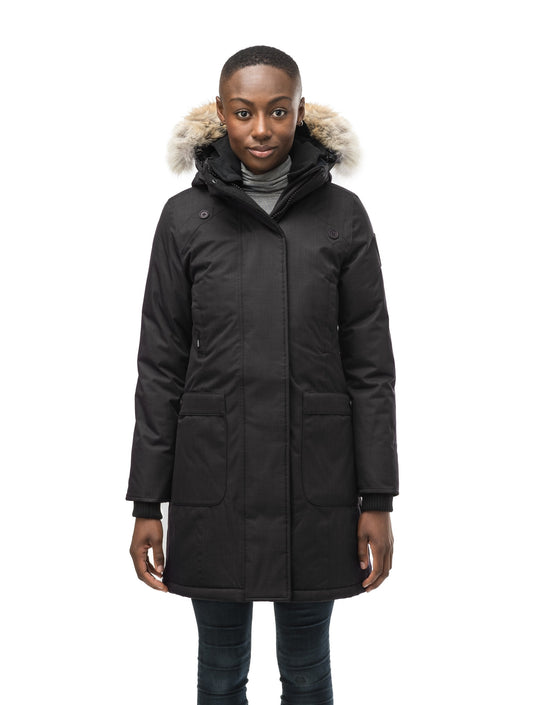 Merideth thigh length black parka, side view in Black