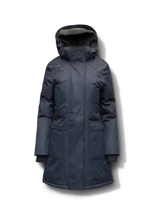 Merideth Furless Ladies Parka in thigh length, Canadian white duck down insulation, removable down-filled hood, centre-front two-way zipper with magnetic wind flap closure, four exterior pockets, and elastic ribbed cuffs, in Navy + Navy