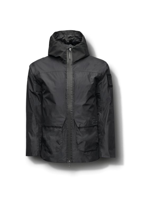 Mission Men's Performance Rain Shell Jacket in hip length, non-removable hood with adjustable toggle, two-way waterproof zipper, flap closure waist pockets with additional side entry storage, zipper ventilation on back, passive underarm ventilation, and breathable mesh lining, in Black + Black
