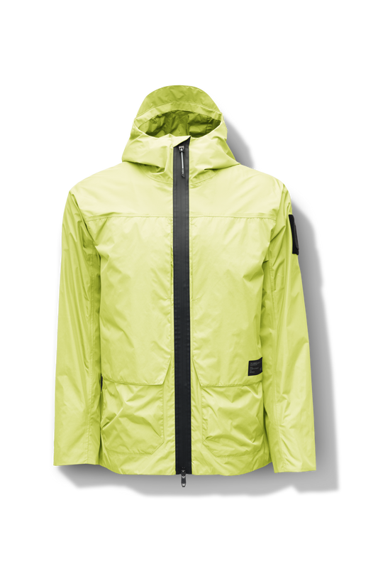 Mission Men's Performance Rain Shell Jacket in hip length, non-removable hood with adjustable toggle, two-way waterproof zipper, flap closure waist pockets with additional side entry storage, zipper ventilation on back, passive underarm ventilation, and breathable mesh lining, in Sulphur Spring + Sulphur Spring