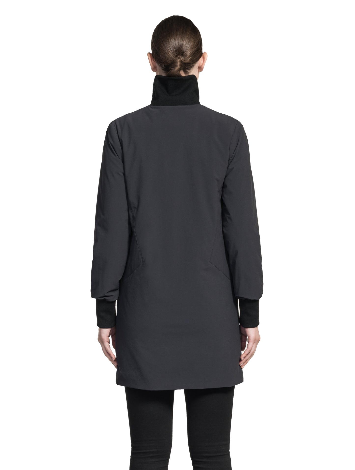 Mora Ladies Mid Layer Rib Neck Jacket in thigh length, Primaloft insulation, ribbing at collar and cuffs, and two-way front zipper, in Black