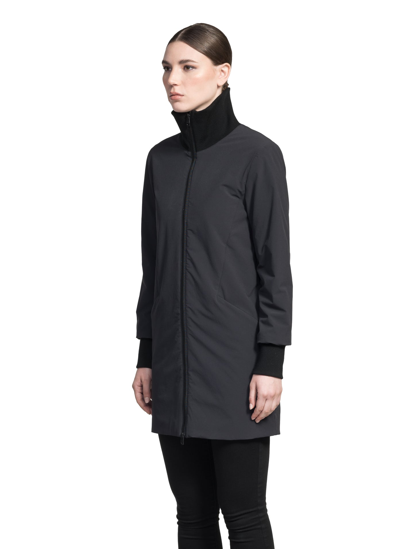 Mora Ladies Mid Layer Rib Neck Jacket in thigh length, Primaloft insulation, ribbing at collar and cuffs, and two-way front zipper, in Black