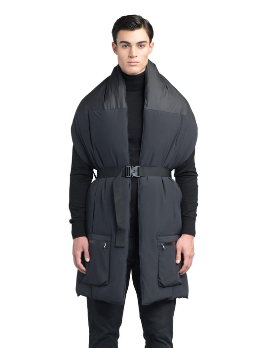 Chroma Unisex Oversized Puffer Scarf in stretch ripstop and taffeta nylon in a quilted pattern, Canadian White Duck Down insulation, cobra buckle belt with webbing strap, and large zipper pocket at scarf end, in Black + Black