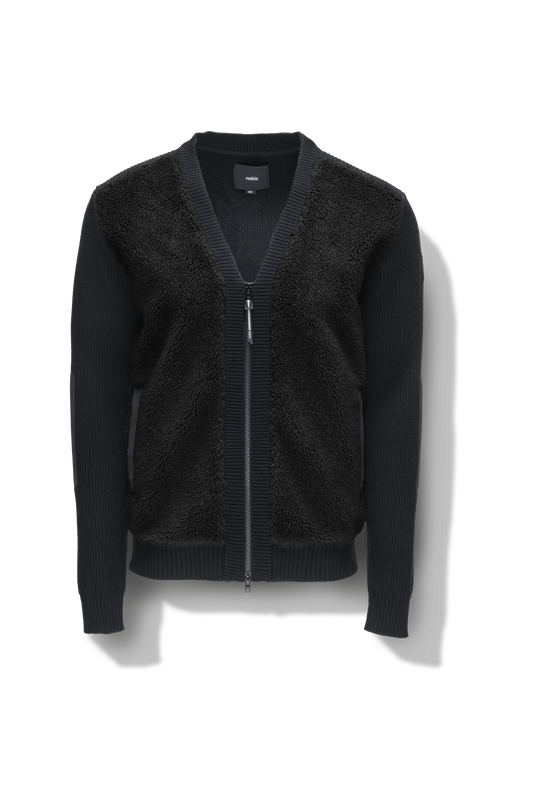 Doyen Men's Hybrid Berber V-Neck Jacket in hip length, premium berber and 100% extra fine merino wool knit fabrication, Primaloft Gold Insulation Active+, two-way centre-front zipper, side-entry pockets at waist, in Black + Black