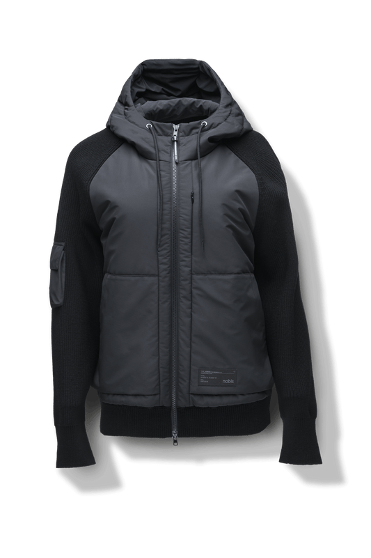 Hedge Men's Performance Hoodie in hip length, premium 3-ply micro denier and 100% virgin extra fine merino wool knit fabrication, Primaloft Gold Insulation Active+, non-removable hood with adjustable drawstrings, two-way centre-front zipper, magnetic closure side-entry pockets at waist, in Black + Black