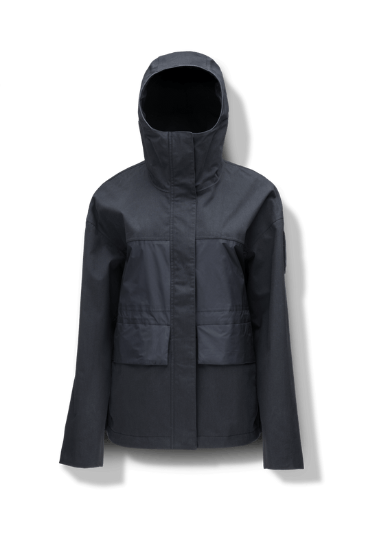 Opal Women's Performance Short Shell Jacket in hip length, premium cotton blend and contrast iridescent fabrication, adjustable drawcord at waist, non-removable hood with reflective trim, adjustable hood draw cord at interior collar, zippered side entry pockets at waist, top entry flap pockets at waist, adjustable snap cuffs, snap button wind flap, two-way branded zipper at centre front, and interior zipper pocket, in Black  + Black