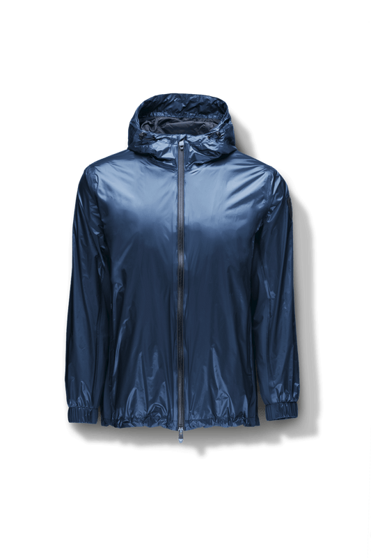 Stratus Men's Tailored Packable Rain Jacket in hip length, premium cire technical nylon taffeta and stretch ripstop fabrication, highly breathable mesh lining, hidden packable pocket, non-removable hood with adjustable draw cord, reflective piping along front and back, underarm grommets for extra breathability, back yoke with mesh ventilation, two waist zipper pockets, two interior zipper pockets, elastic cuffs with adjustable snap button, and adjustable interior draw cord at waist hem, in Marine + Marine