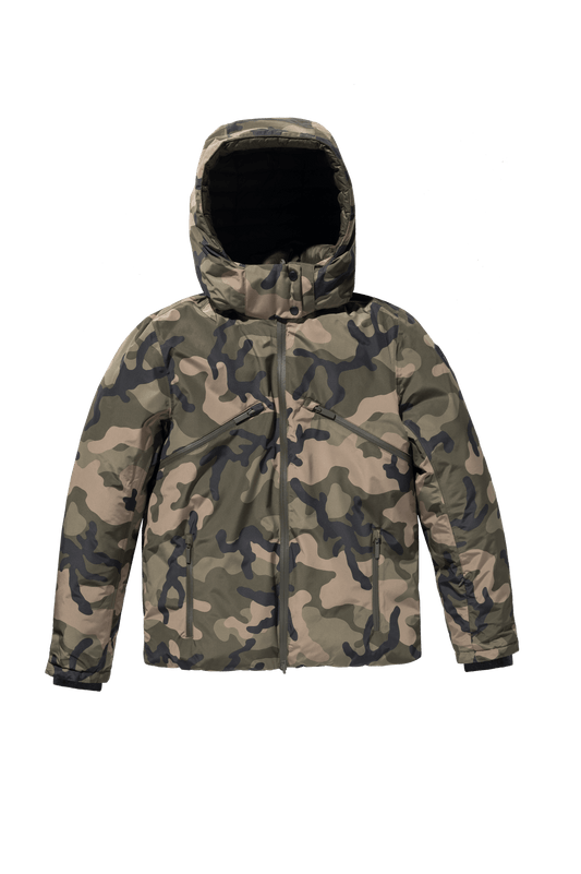 Hip length, reversible men's down filled jacket with removable hood in Camo + Camo