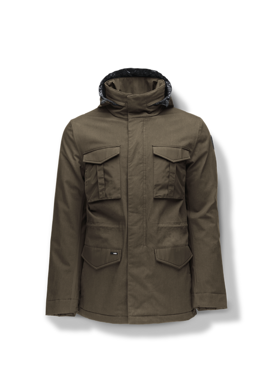 Pelican Men's Tailored Field Jacket in hip length, premium cotton blend and 3-ply micro denier fabrication, Premium Canadian origin White Duck Down insulation, tuck away, waterproof hood in premium cire technical nylon taffeta, two-way centre-front zipper with magnetic wind flap, pit zipper vents, magnetic closure chest and waist flap pockets, hidden adjustable waist drawcord, and action back detailing, in Fatigue + Fatigue